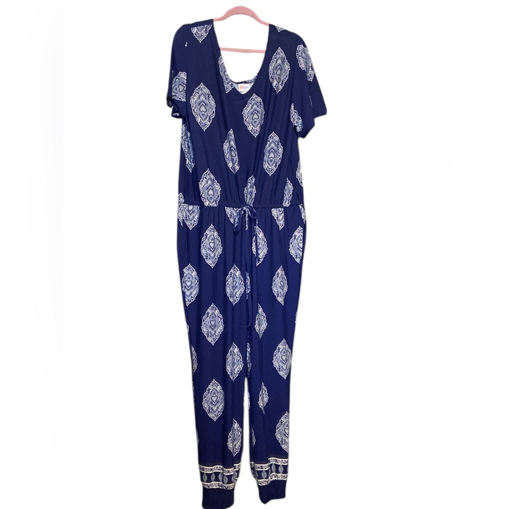 LuLaRoe Blue and White Jumpsuit with Relaxed Fit